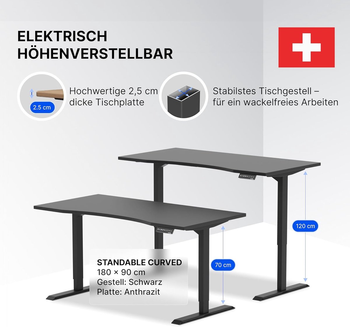 ErgoCurve Pro Elektrisch Verstelbaar Bureau 180x90 cm – Ergonomisch Zit-Sta Bureau met Gebogen Blad – 4 Geheugenstanden, Anti-Botsing, Stil Motor – Kantoor Tafel van FSC Hout – Zwart/Antraciet NoviHome
