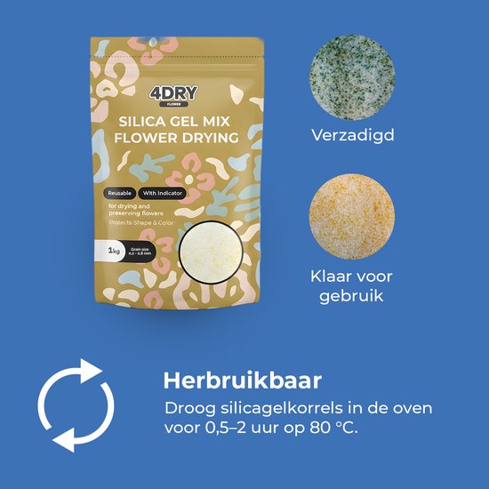 4DRY Flower Mix met Kleurindicator | 1 kg | Hersluitbare zak | Silica Gel voor Bloemen Drogen | Wit 0,2 - 0,8mm | Fijne korrel