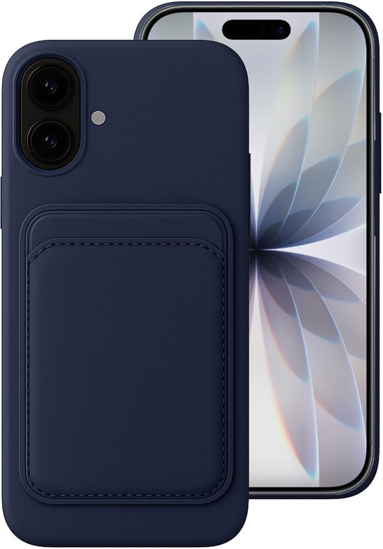 Coque de téléphone bleu foncé avec un porte-cartes intégré, à côté d'un smartphone à écran abstrait bleu clair.