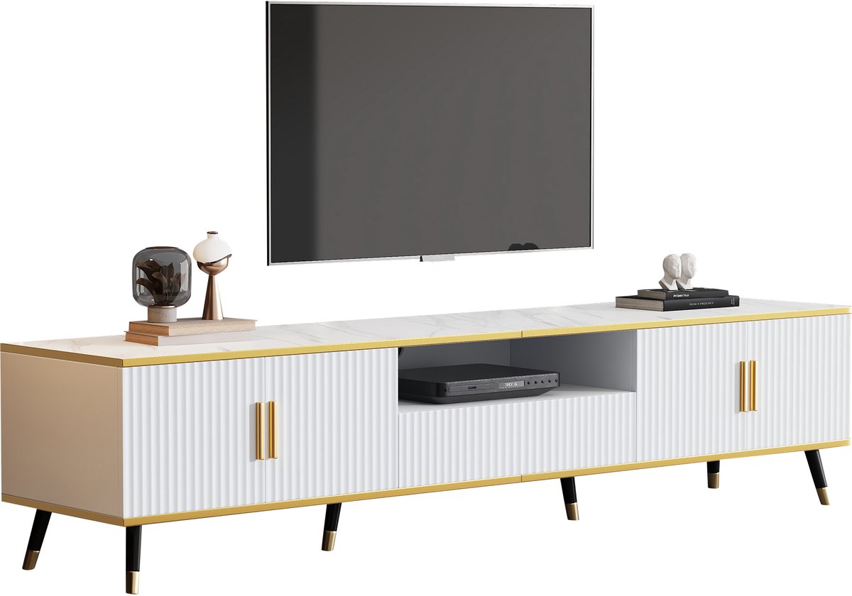 Merax Modern lage tv-meubel - marmeren textuur - tv-paneel - tv-opbergkast - 200 x 40 x 46 cm - twee deuren - één lade Wit