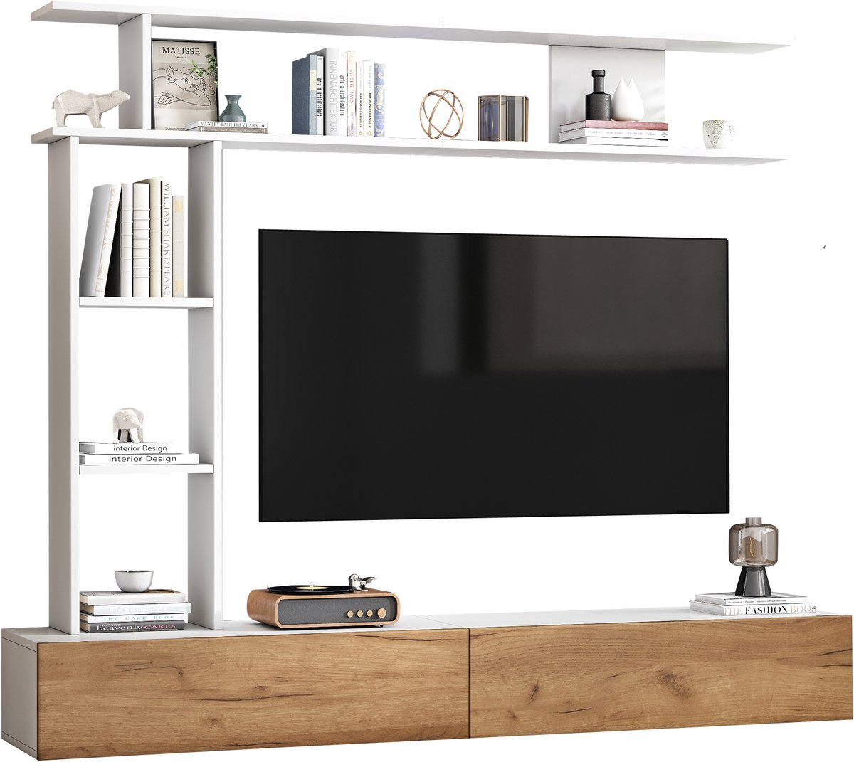 Merax 180x35x22,5 cm tv-kast set - met mediapaneel - inclusief tv-kast - vloermap en wandrek - woonkamer tv-meubel set - wit houtnerf