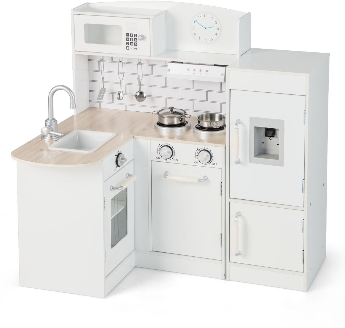 COSTWAY Kinderkeuken met accessoires, hoekspeelkeuken, hout, incl. koelkast, waterkraan, gootsteen, fornuis, telefoon, hoekkeuken, speelgoedkeuken voor kinderen vanaf 3 jaar