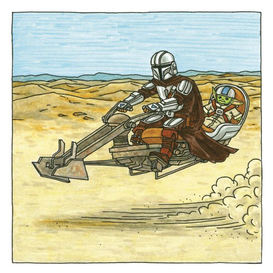 De Mandalorian en The Child rijden op een speederbike door een woestijnlandschap.