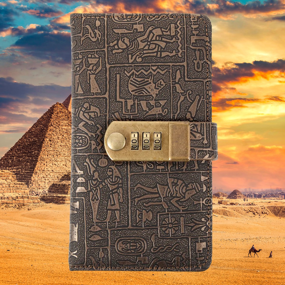 Notitieboek met slot - A6 - Egyptische stijl - Vintage - Retro - Dagboek - Handgemaakt - Leren kaft - Gelinieerd papier - Cadeau tip - Cijferslot