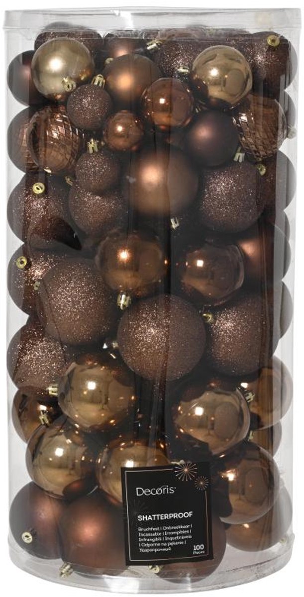 Decoris kunststof kerstballen mix espresso 100 stuks