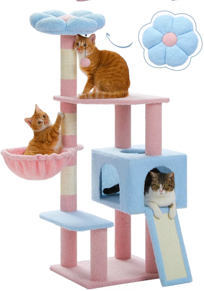 Design Luxe Pastel Krabpaal voor Katten Multifunctionele kattenboom – pastel design met hangmat, krabpalen en rustplekken (120 cm hoog)