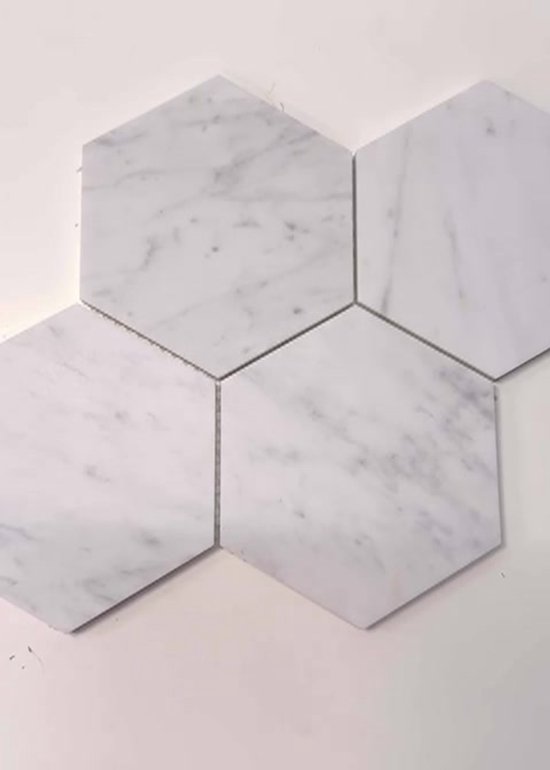 Marmer Bianco Carrara mozaiëk hexagon 150x150x10mm gezoet - op matje 300x300x10mm - verkoop per stuk 0.09M2
