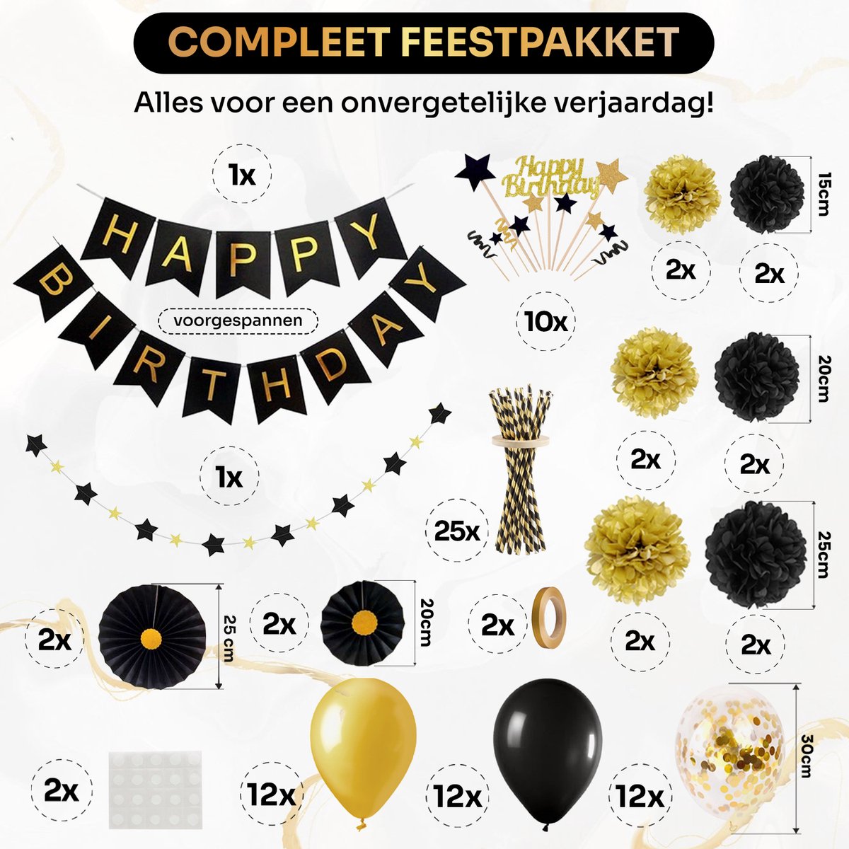 Vitamo™ Zwart & Goud Verjaardag Versiering - Feestversiering - Happy Birthday - Feestpakket - Ballonnen - Slinger - Verjaardagsfeest - Feestartikelen - Feestdecoratie Black & Gold XL — afbeelding 5