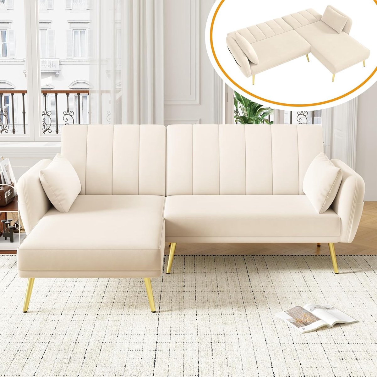 Luxe Beige L-Vormige Hoekbank met Slaapfunctie en Opbergvakken – Moderne 3-Zits Opklapbare Sofa 191x130x80 cm – Verstelbare Rugleuning 108°-180° – Comfortabele Multifunctionele Bank