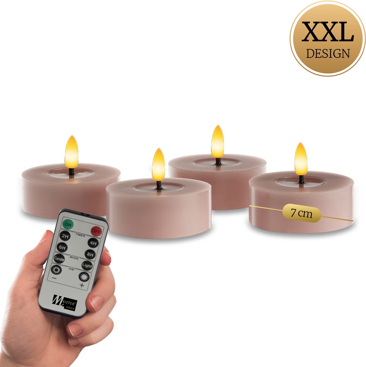 Meisterhome® XXL - LED-theelichten 4-delige set Violet – vlamloze LED kaarsen - flikkerend licht - LED Waxinelichtjes – Ø 7 cm, hoogte 3 cm – gemaakt van echte wax – met timer & afstandsbediening – werkt op batterijen – warm wit licht