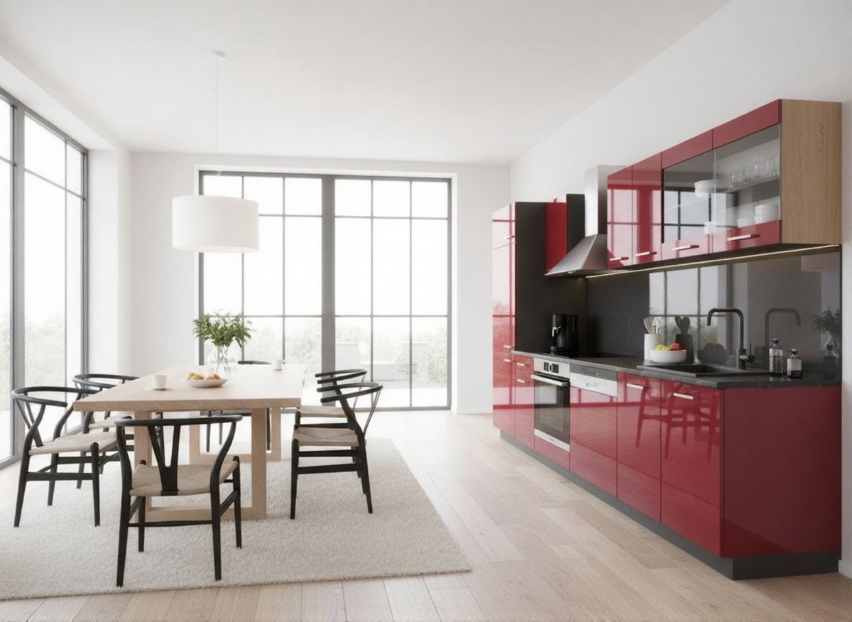 Complete Keukeneenheid 300 cm – Moderne Bordeaux Hoogglans Kitchenette met Antraciet Werkblad – Luxe Modulaire Keukenblok met Verstelbare Poten & Melamine Coating – R-Line Design – Novihome