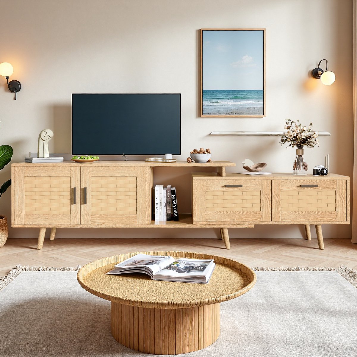 Retro rotan tv-meubel met grote opbergruimte, met lades en kasten, 146-180 cm verstelbare lengte rotan tv-standaard voor woonkamer, slaapkamer