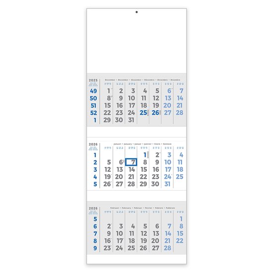 Calendrier mural trimestriel « De Luxe » 2026 - Six langues - Avec 3 blocs calendriers séparés - Agenda de bureau transparent - Avec curseur de date et anneau de suspension en métal