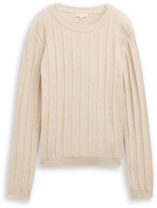 Tom Tailor - Geribbelde gebreide trui met wol - Maat M - sand stone beige melange