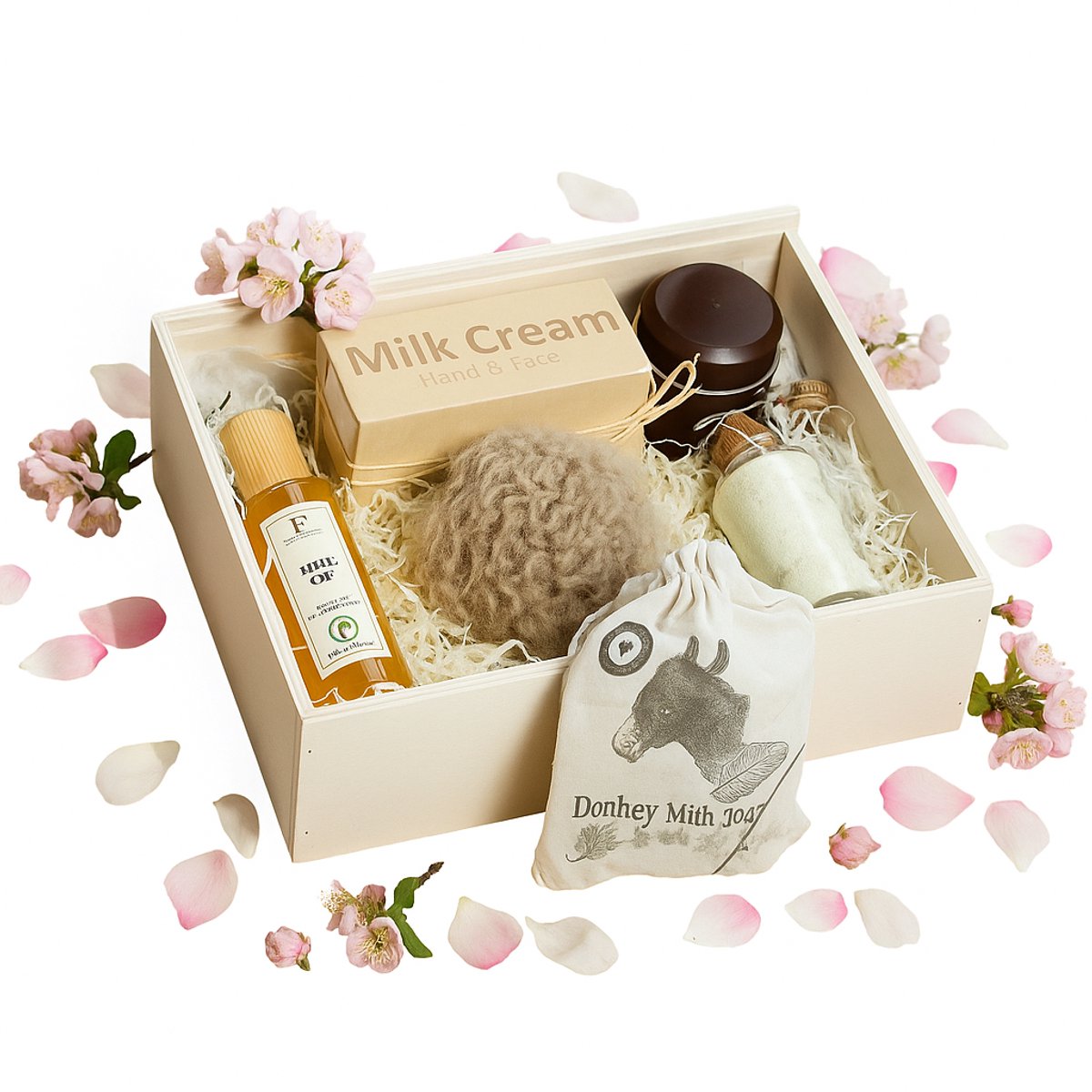 RNCosmetics -Cadeauset, Giftbox Gemaakt met ezelinnemelk en Heerlijke Geur, Natuurlijke Verzorgingsbox, Vijf handgemaakte cadeaus in een houten doos, Geschikt als cadeau voor een verjaardag, Jubileum, Valentijnsdag of voor elke andere gelegenheid.