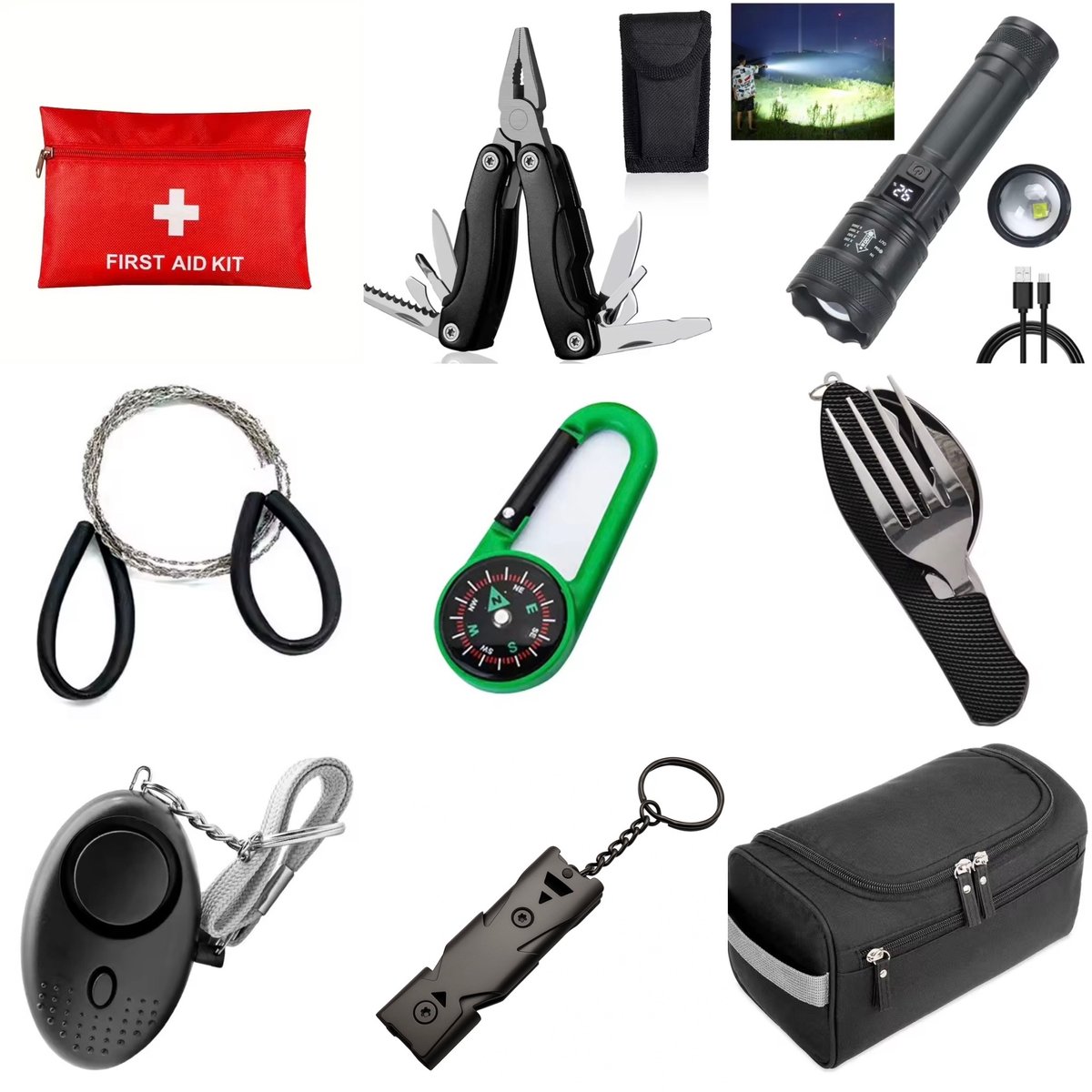 Survivalkit - Outdoor - Set van 9 - Persoonlijke Zelfverdediging - Incl. Zaklamp - First Aid Kit - Kompas - Bestek - Alarm - 180dB Fluit - Multitool - Opbergtasje - Draadzaag