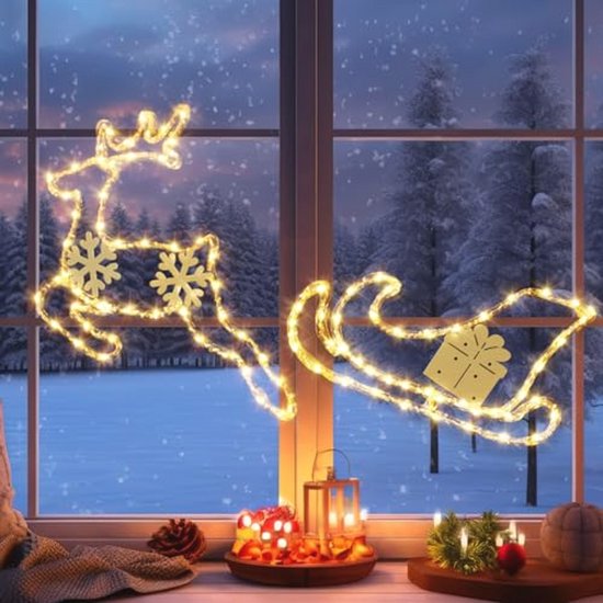 Foto: Kerst raamverlichting rendier en slee accu aangedreven met timer en 8 modes voor een magische sfeer