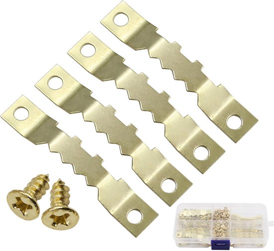 Crochets de suspension - 100 pièces - Kit de suspension photo - Crochets en dents de scie - Fer - Doré - 44 x 8 mm - Avec vis - Pour cadre/photo/toile/peinture/horloge