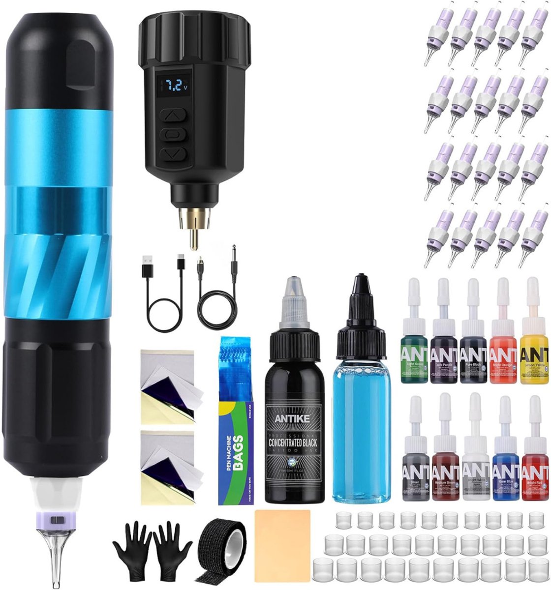 White-Label® Tattoo Machine met Accessoires - Tattoo Machines Draadloos - Tattoo Set Inclusief Inkt en Naalden - Tattoo Kit - Blauw