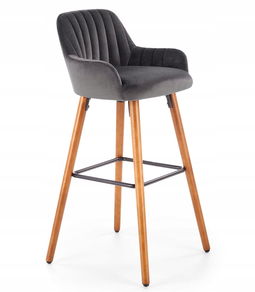 Houten Barstoel H93 Velvet Donkergrijs & Notenhout