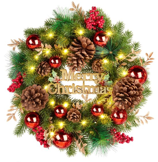 Kerstkrans - Kerstkrans met lichtjes - Kerstdeurklopper - Kerstkransdecoratie - LED-lichtjes - Batterijen niet inbegrepen - 30*30cm - Met "Merry Christmas" - Geschikt voor ramen, voordeuren, open haarden, muren en kerstversieringen - Groen, rood