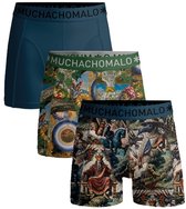 Drie Muchachomalo boxershorts: één effen blauwe, één met groene print en één met blauwe print van een riddergevecht.