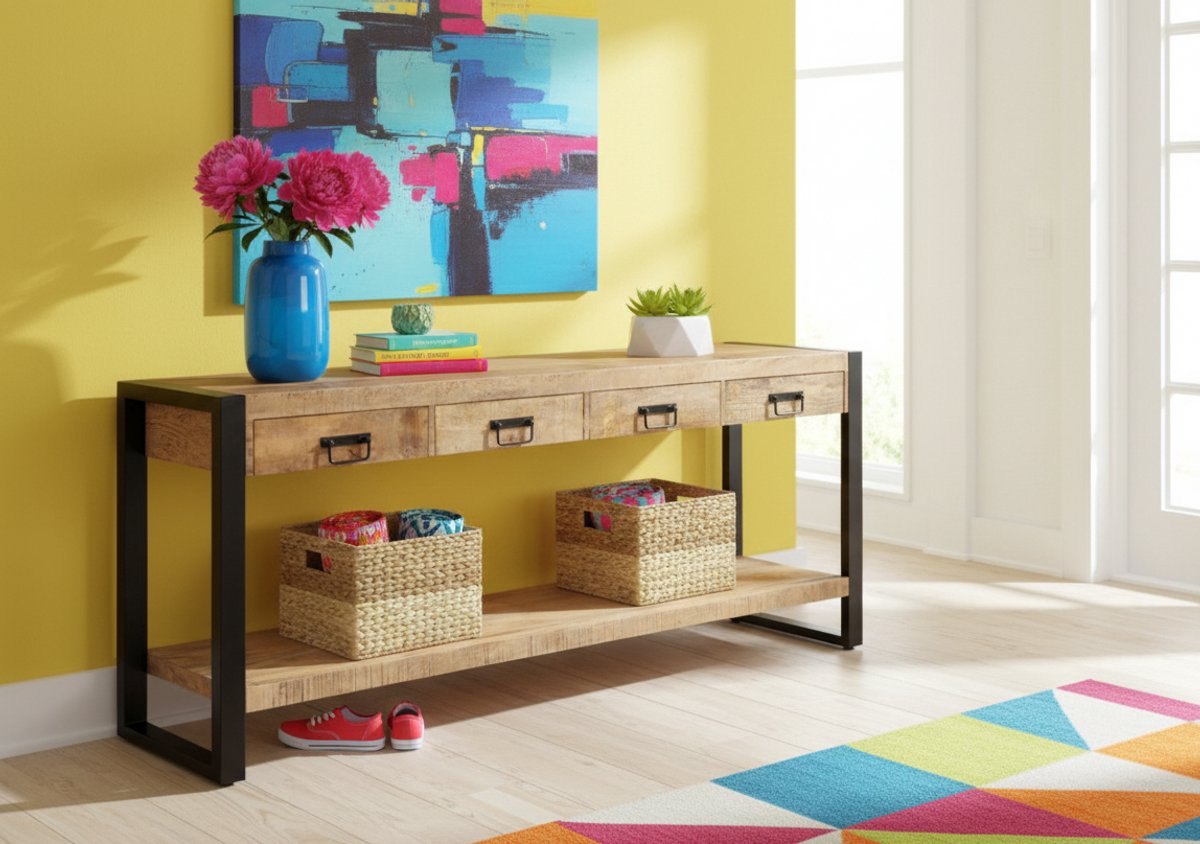 Britt XL Mangohouten Sidetable 180 cm – Robuuste Industriële Opbergtafel – Medahomestore