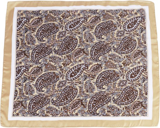 Crème vierkante sjaal met bruine, witte en gouden paisley-print en satijnen rand.