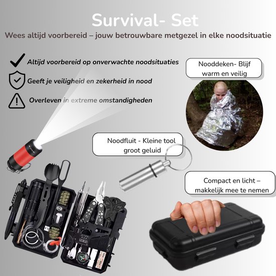 Zwarte survival kit met gereedschap, een noodfluitje, nooddeken en een opvouwbare waterfilter