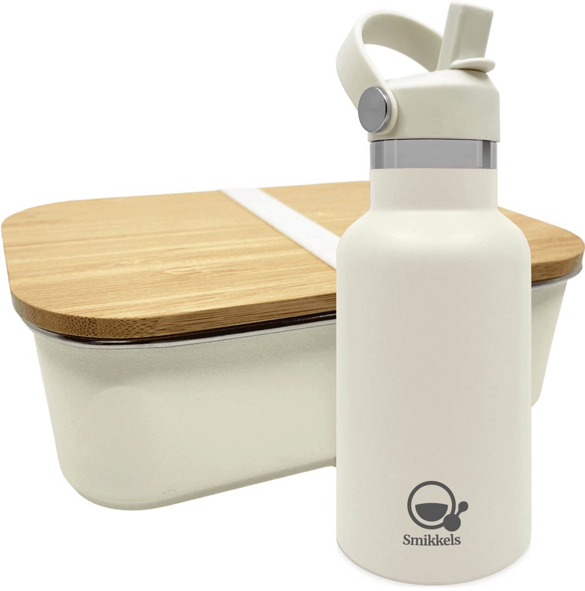 Smikkels - Lunchset RVS lunchbox met thermos drinkfles - Zacht wit - Schoolset kinderen - Thermosfles 350ml met afsluitdop en rietjesdop - broodtrommel 900ml