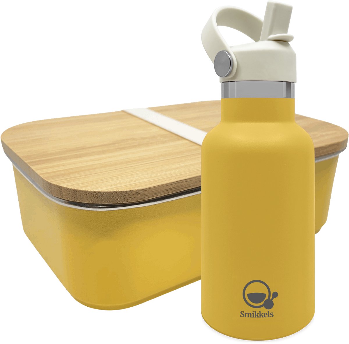 Smikkels - Lunchset RVS lunchbox met thermos drinkfles - Geel - Schoolset kinderen - Thermosfles met afsluitdop én dop met rietje - broodtrommel