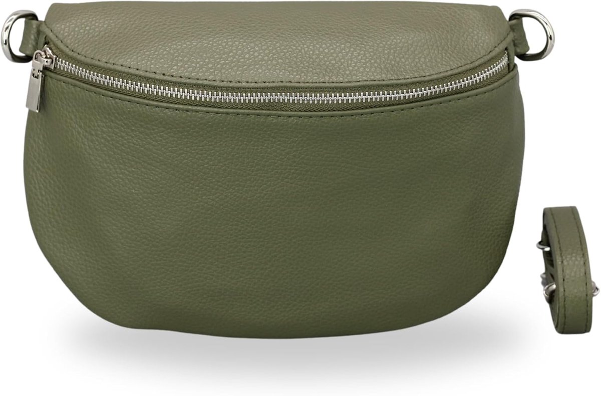 BELCHOME AFIA heuptas voor dames, handgemaakte schoudertas en crossbodytas van echt leer met leren riem en brede schouderband met patroon, 3 vakken, stijlvol, gemaakt in Italië, Khaki