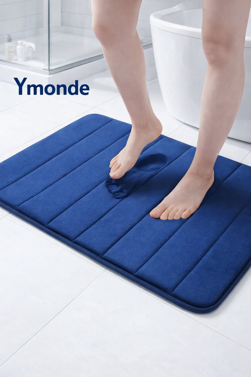 Ymonde Marineblauwe Anti-Slip Badmat – 50×80 cm – Verticaal Strepenpatroon – Badkamer Mat – Luxe & Veilig