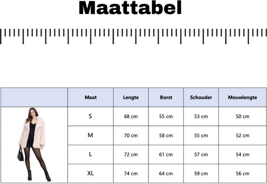 Maattabel voor de crèmekleurige nepbontjas met foto van het model.