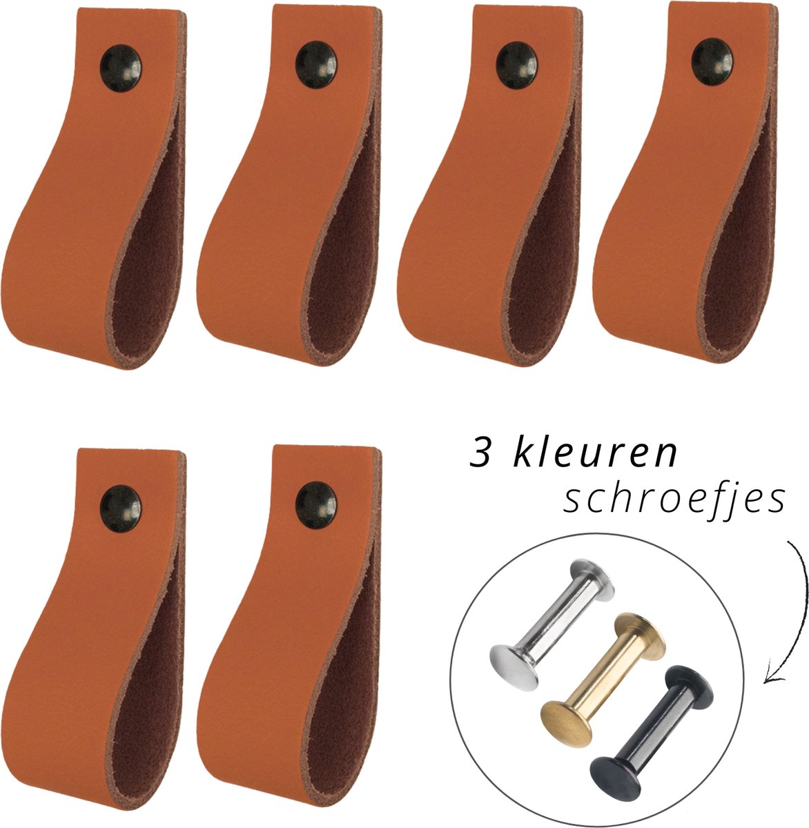 Handles and more - 6x Leren handgrepen lusjes - Cognac - XS (12,6cm) - incl. 3 kleuren schroefjes (handgreepjes - leren handgrepen - greepjes - leren lusjes)