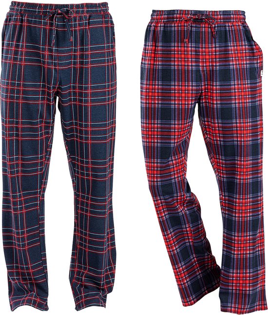 Milanoro - Set de 2 pantalons de pyjama en coton pour homme - Carreaux bleu marine/bordeaux - XL