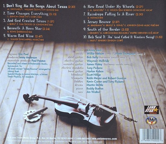 Achterkant van een muziek-cd met een viool en strijkstok op een houten ondergrond. Tracklist en artiesteninformatie zichtbaar.