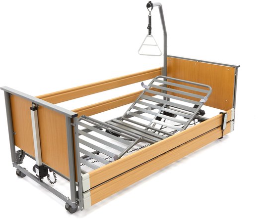 Elektrisch Hoog-Laag Zorgbed 90x200 cm – ECOFIT S Low Beuken – Extra Laag, Inclusief Bedpapegaai & Montage