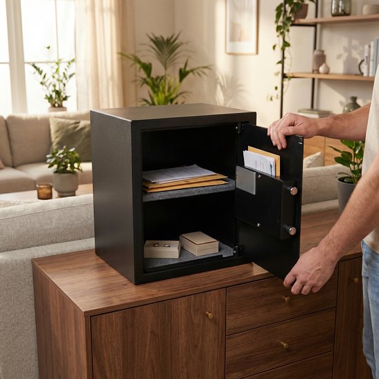 Man opent een zwarte kluis met documenten en sieraden erin, in een woonkamer.
