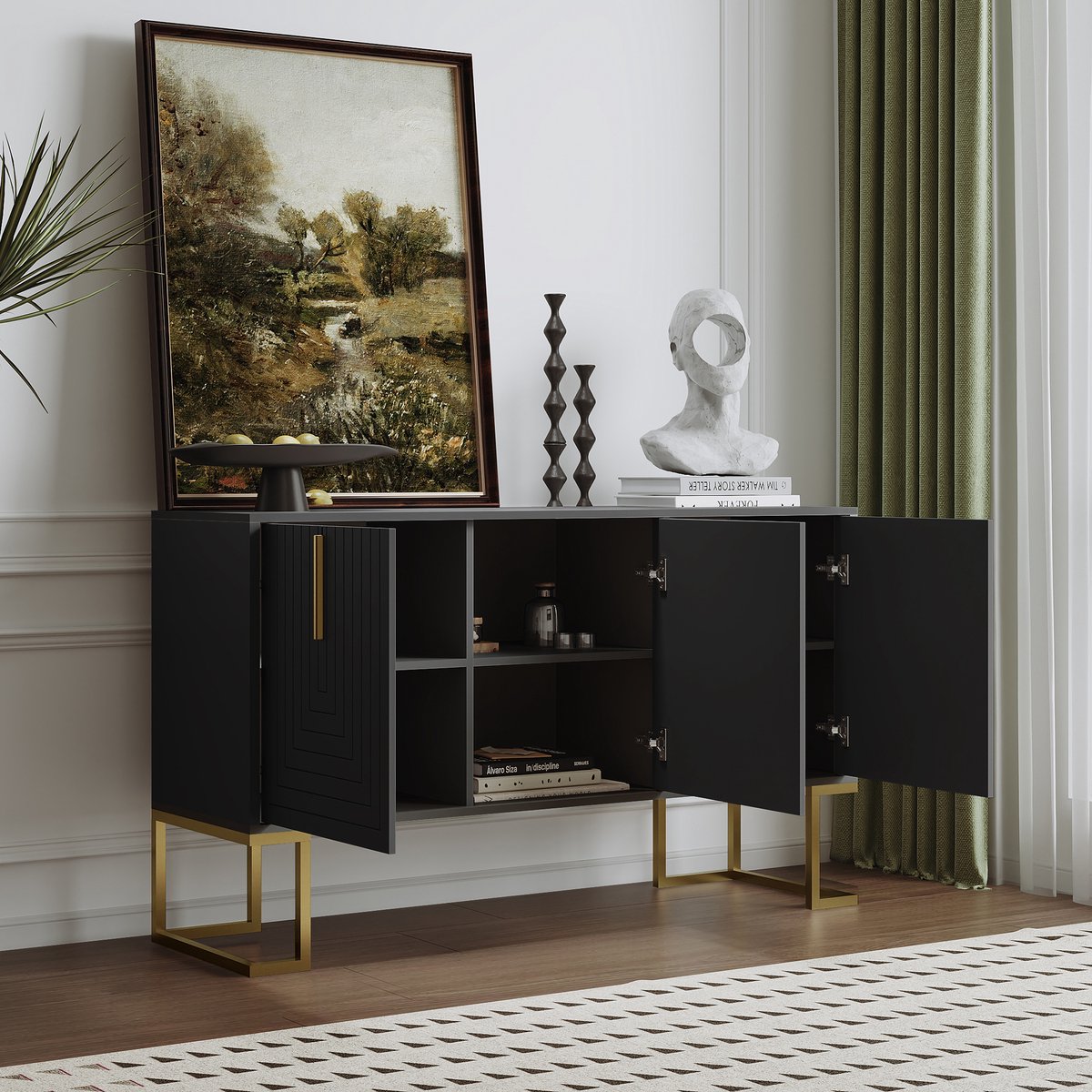 STILVORA Dressoir - U-Vorm Deur En Verstelbare Planken - 3 Deuren - MDF - Deur 44.6x52.5 cm - Zwart - L-Vorm Metalen Onderstel En Gouden Grepen
