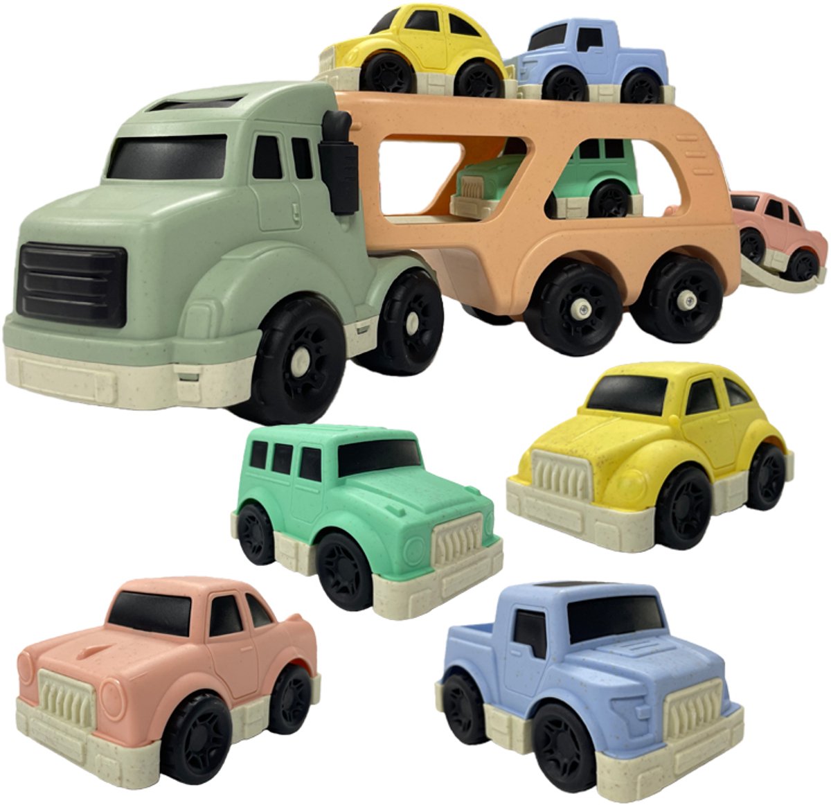 Speelgoed vrachtwagen 37cm met vier kleine auto's - oplegger - speelgoed truck - ONELIV