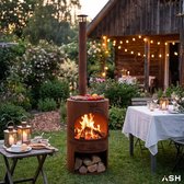 ASH® - Sunset - Grote Tuinhaard met BBQ - Houtkachel - Vuurkachel - Terraskachel - 3 in 1 Terrashaard voor sfeervolle avonden - Cortenstaal Tuinkachel - 47x47x191 cm