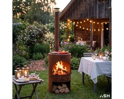 ASH® - Sunset - Grote Tuinhaard met BBQ - Houtkachel - Vuurkachel - Terraskachel - 3 in 1 Terrashaard voor sfeervolle avonden - Cortenstaal Tuinkachel - 47x47x191 cm