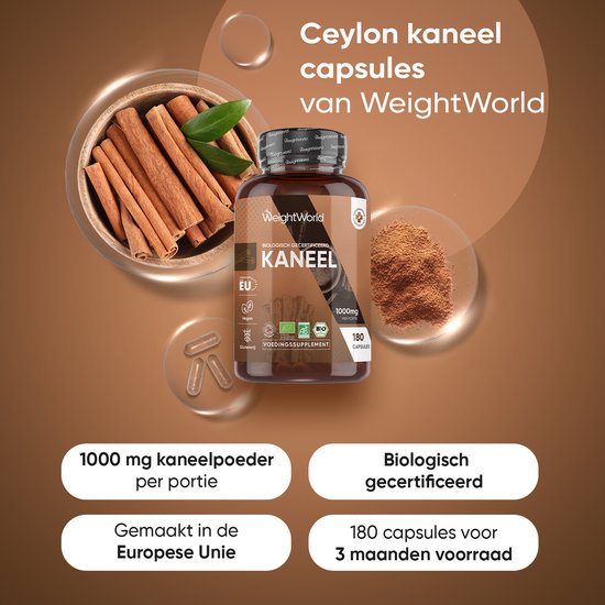 Pot WeightWorld biologische kaneel capsules, met kaneelstokjes, poeder en losse capsules. 1000 mg per portie, 180 capsules.