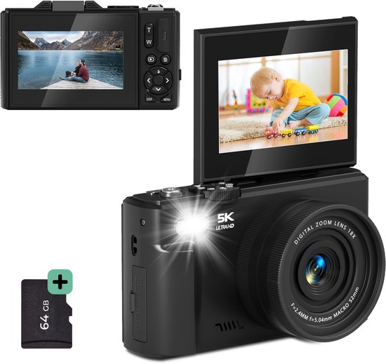 Kiekz Digitale Camera 5K - Fotocamera 75MP - Compactcamera - Fototoestel - Autofocus - Ideaal voor Kinderen en Beginners - Inclusief 64GB SD Kaart