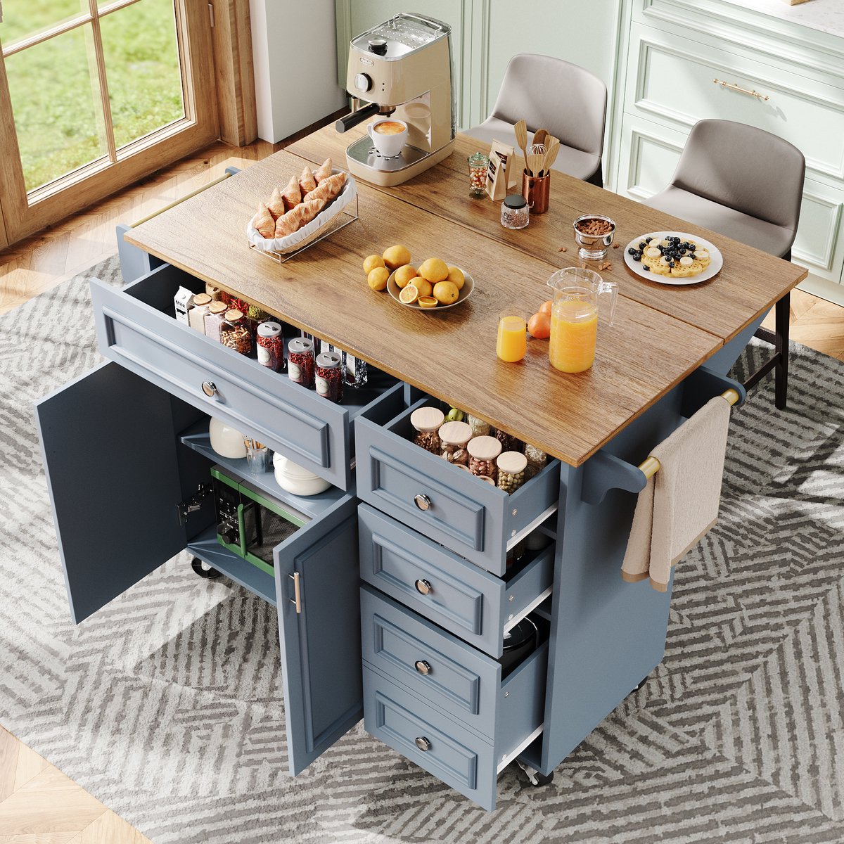 Keukentrolley 110 x 45-75 x 92 cm - Afneembaar - Met Vintage Patroon en Opbergruimte - Blauw