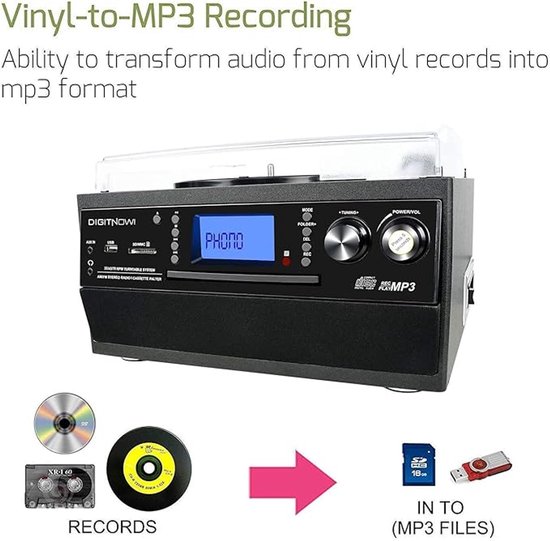 Bluetooth Platenspeler met CD & Cassette - Vinyl naar MP3 - USB & SD - AM/FM Radio - Afneembare Stereo Luidsprekers — afbeelding 3