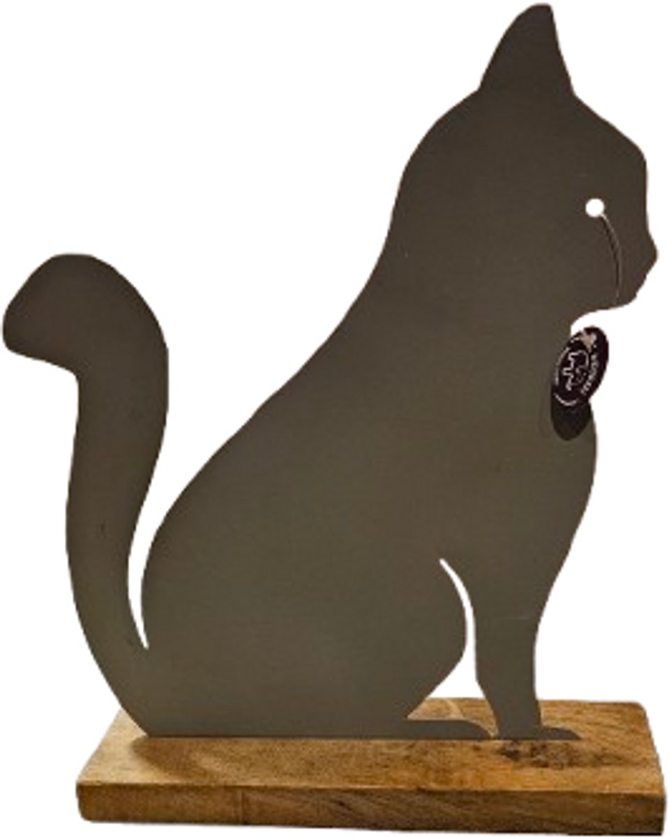 Metalen beeld van kat in een blok hout decoratie dieren cadeau