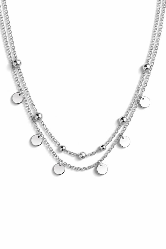 Zilverkleurige dubbele ketting met ronde bedeltjes en kleine bolletjes.