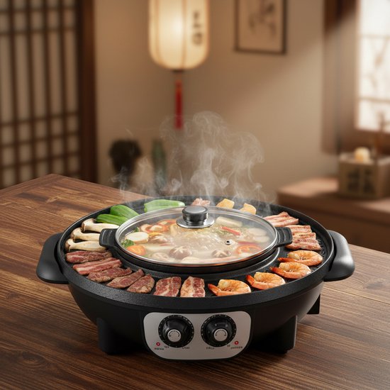 Koreaanse BBQ/Hotpot - Zwart - Koreaanse Grill - Inclusief Deksel — afbeelding 2